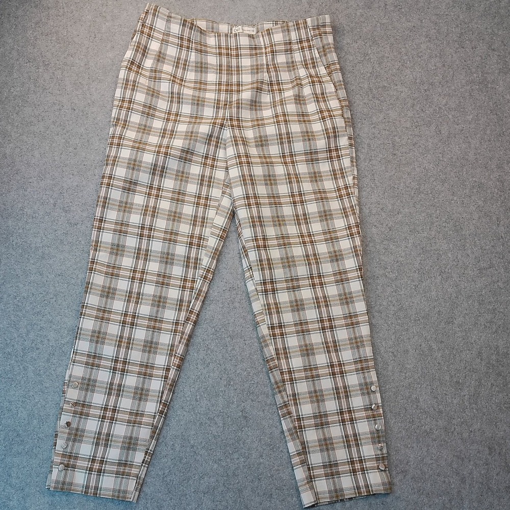 Cato Womens Brown Plaid Mid Rise Ankle Pants Button Hem Size 14